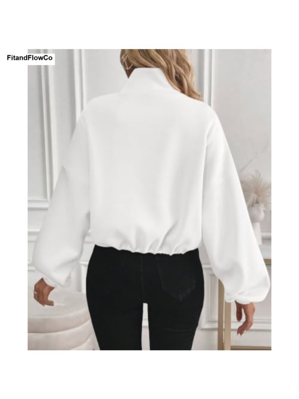 Cropped Fleece Zip Up Sweatshirt Stand Collar Drawstring Hem Pockets - Picture 3 of 6